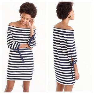 J. Crew Nautical Blue Striped Off The Shoulder Dress